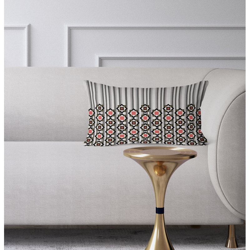 Blooming Bouquet Stripes  Rectangular Throw Pillow, White/Gray