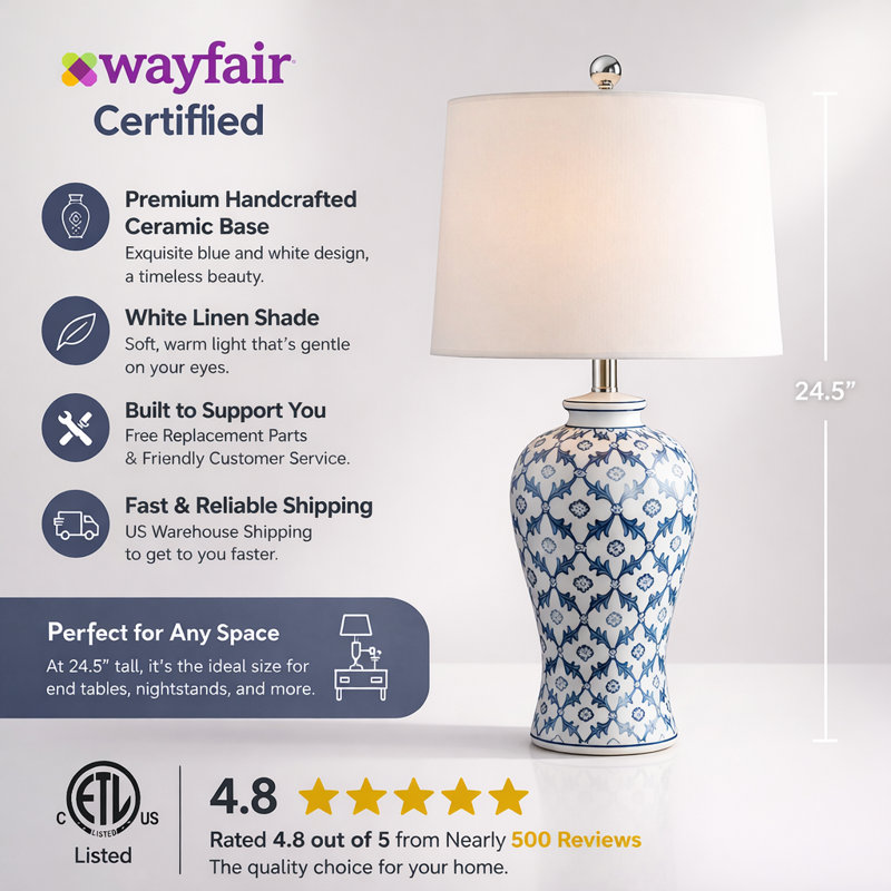 Loya 24.5" Modern Blue and White Ceramic Table Lamp with 3-Way Dimming