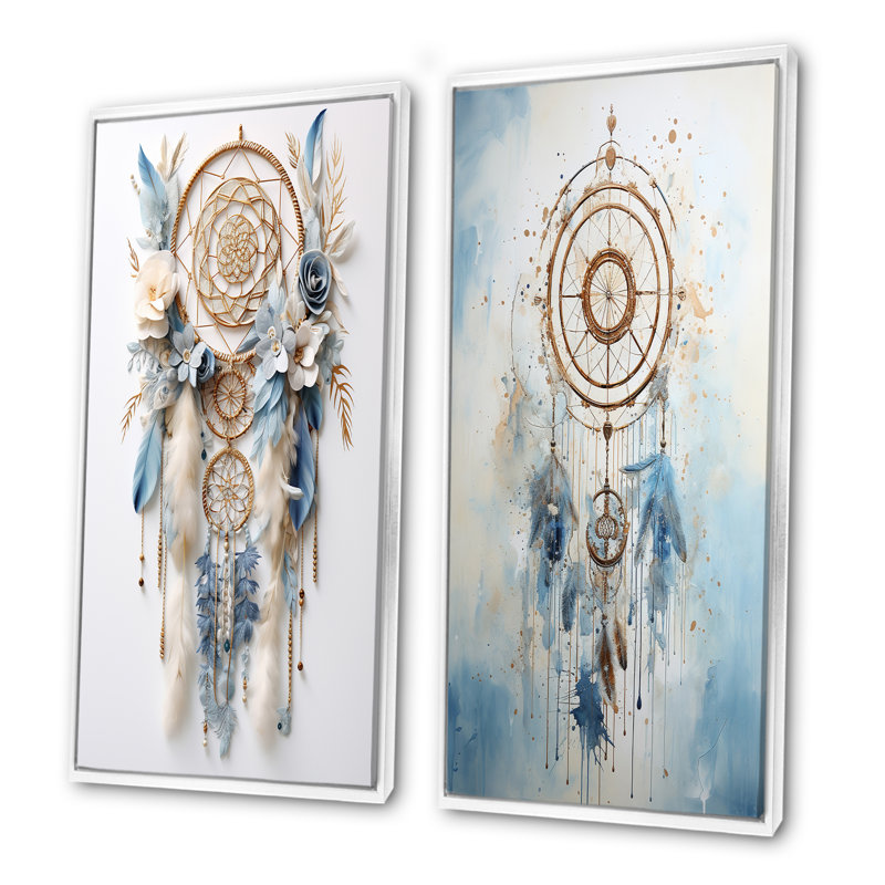 Capteur de rêves blanc et bleu Tranquility - Dream Catcher Wall Art, ensemble de 2, Cadre blanc, H 40 po x l 41 po