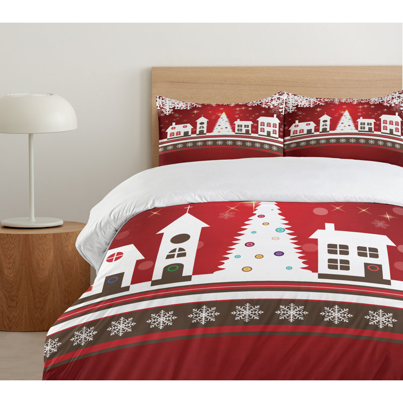 Red and White Christmas Village Microfiber Duvet Cover Set