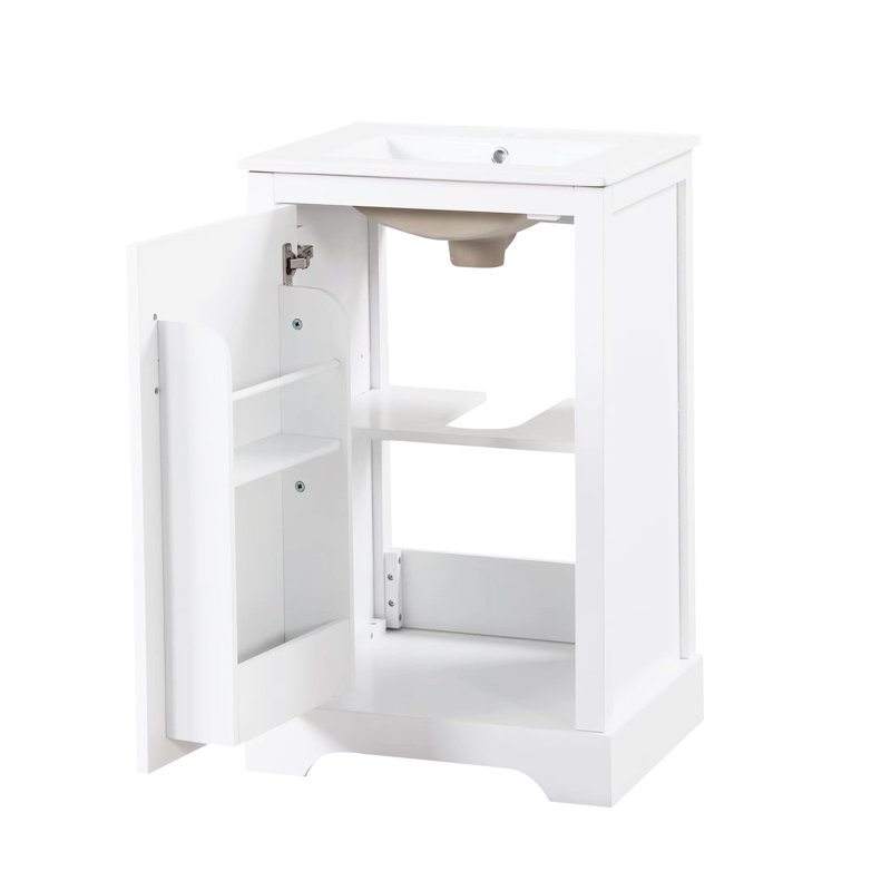 Meuble-lavabo blanc de 20 po avec lavabo, porte à fermeture douce, rangement, poignée noire, simple autoportant, moderne avec support de rangement, tablette réglable, finition peinte