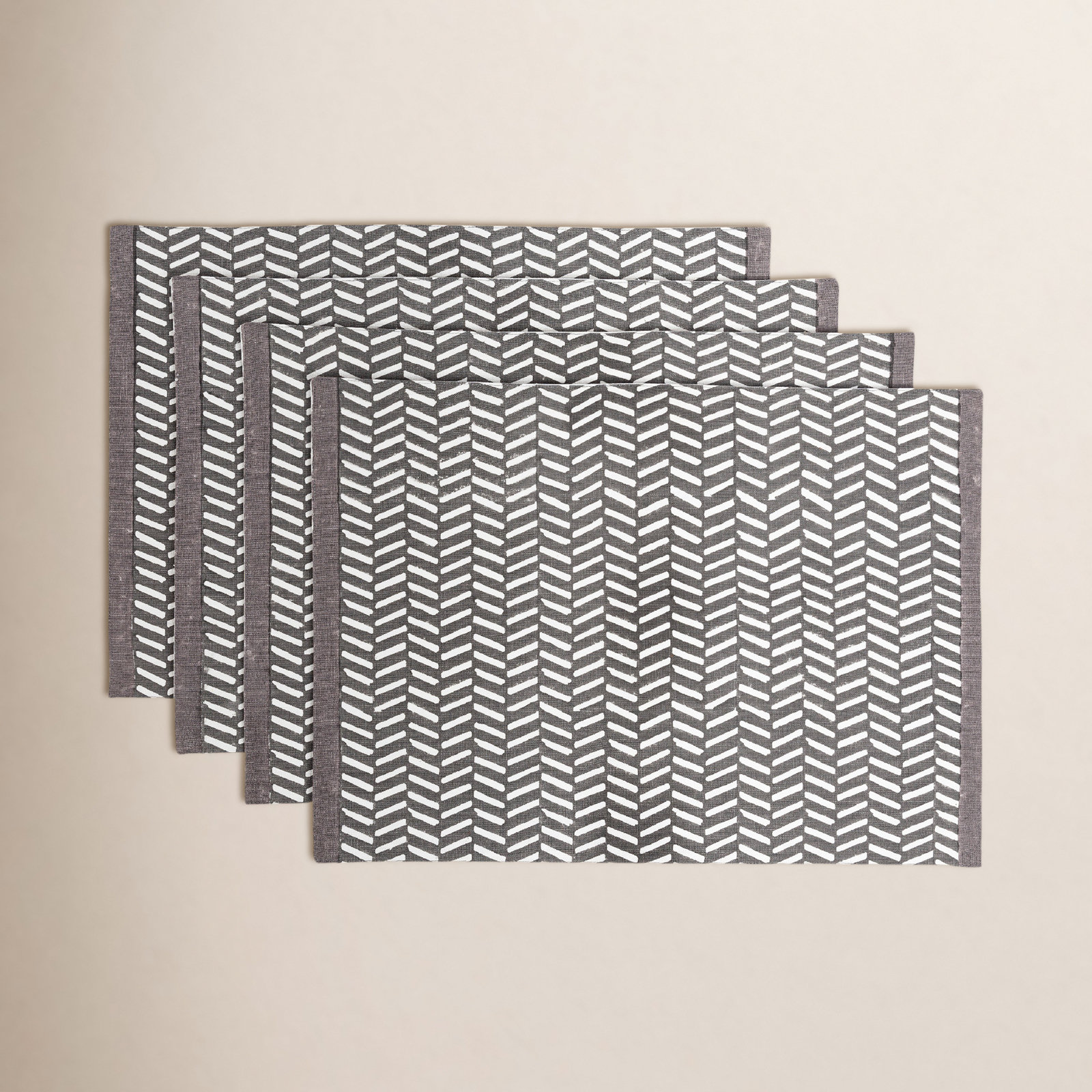 Hand-Blocked Cotton Placemat, Grey Herringbone