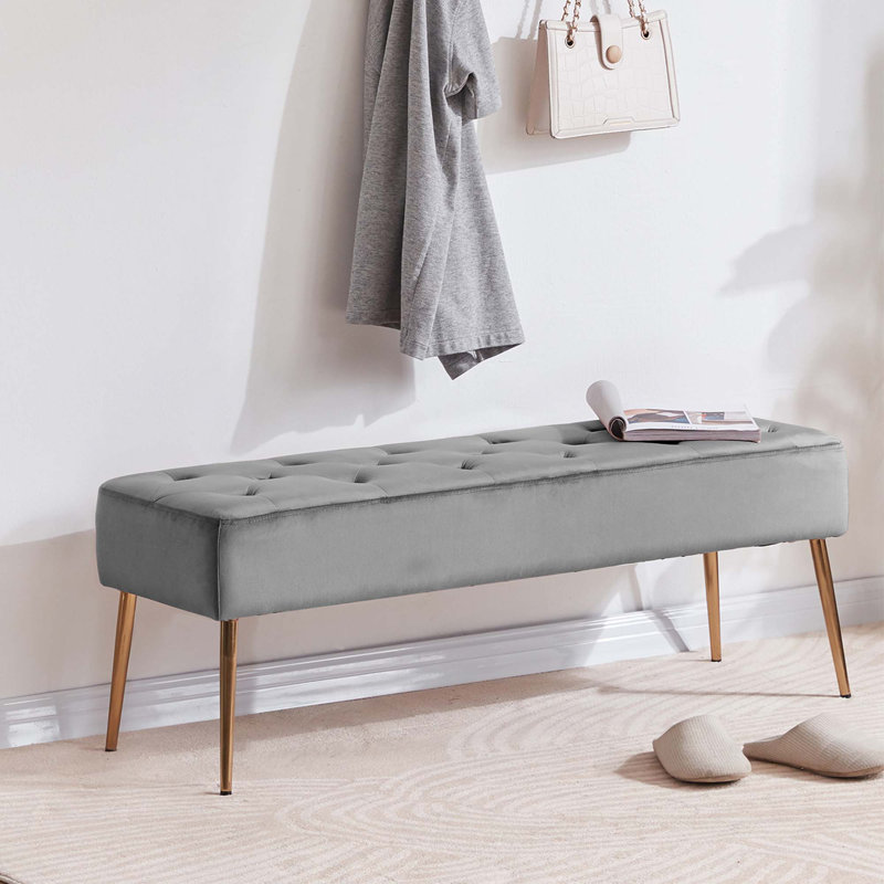 Velvet Upholstered Bench, Grey