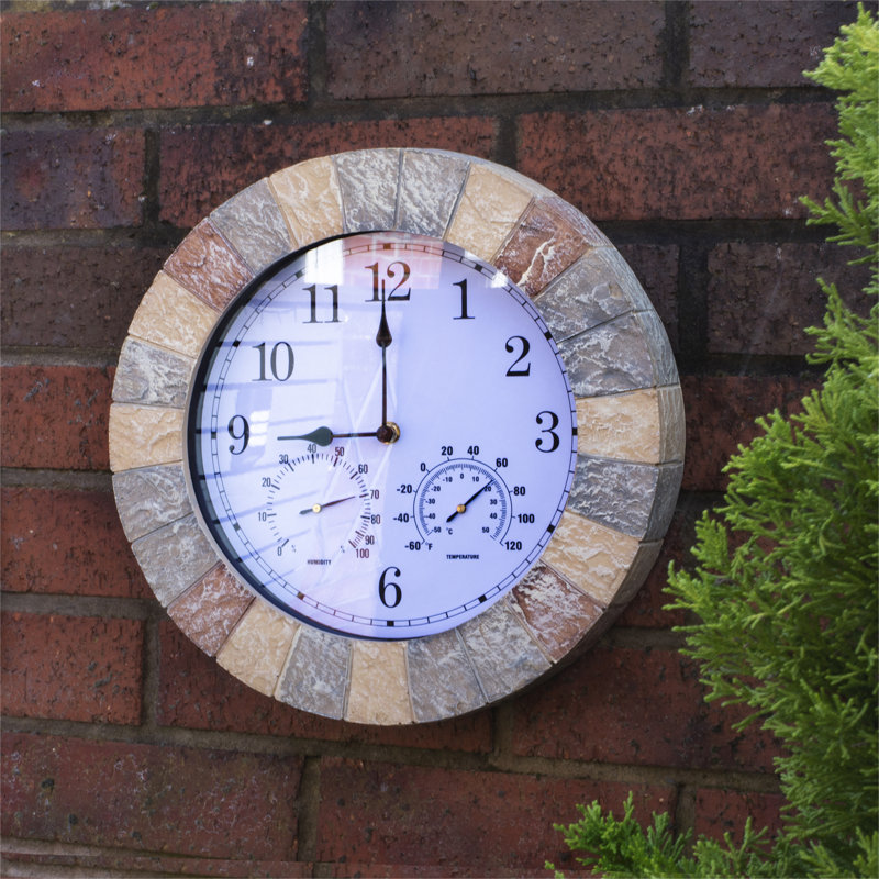 Sandstone Effect 13 Inch Outdoor and Indoor Wall Clock with Thermometer & Hygrometer