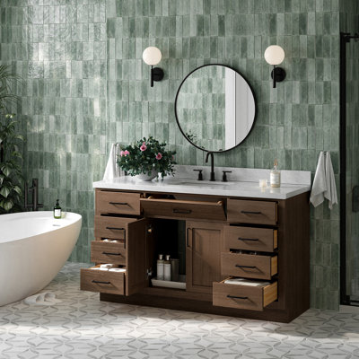 Tidworth Solid Wood Single Bathroom Vanity with 1.5'' Carrara Marble Top