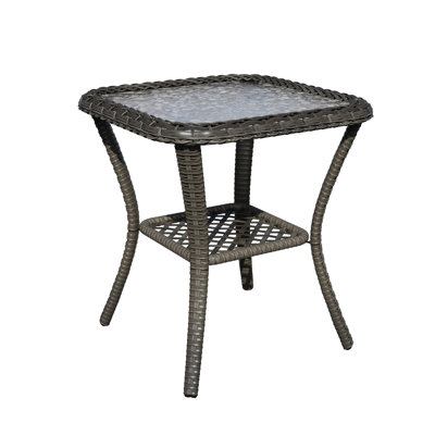 Table d'appoint d'extérieur en rotin avec plateau en verre forgé et tablette de rangement