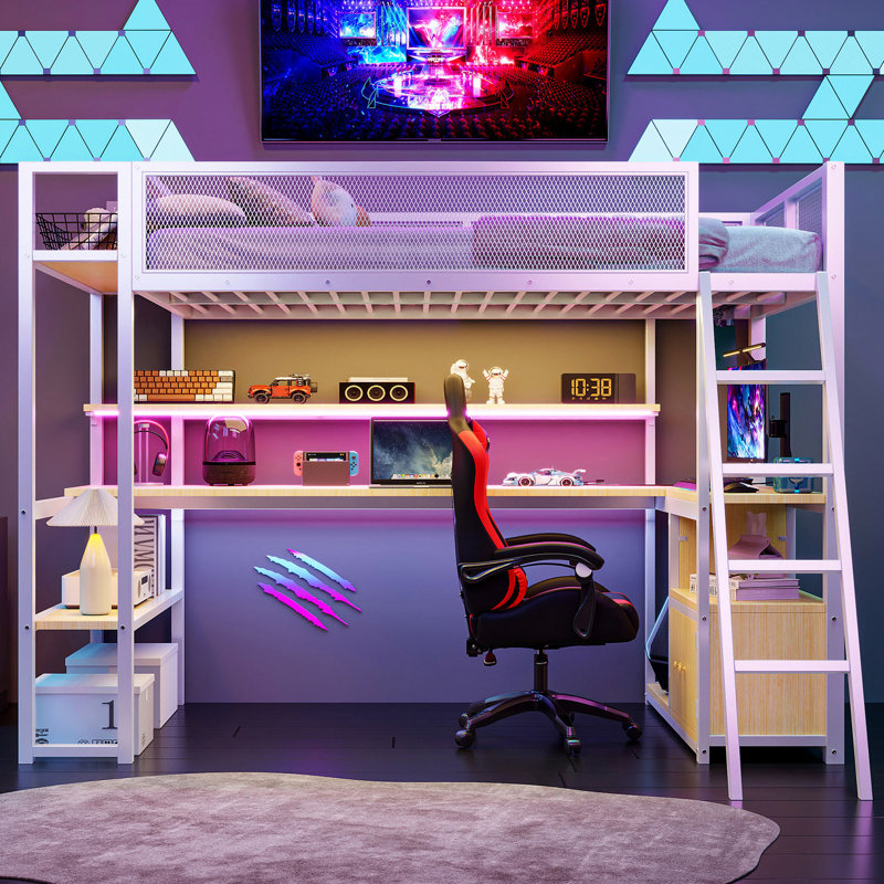Lit mezzanine simple avec espace de travail, grand espace de rangement à DEL, bureau en métal blanc et peu encombrant, option de rangement abondant