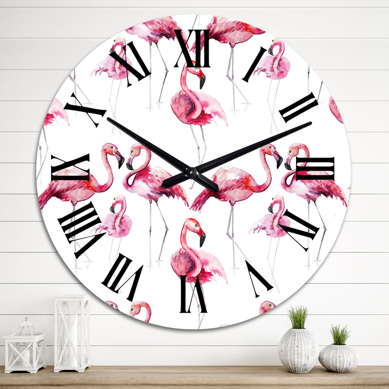 Flamants roses sur fond blanc I - Horloge murale à motifs, Moyen