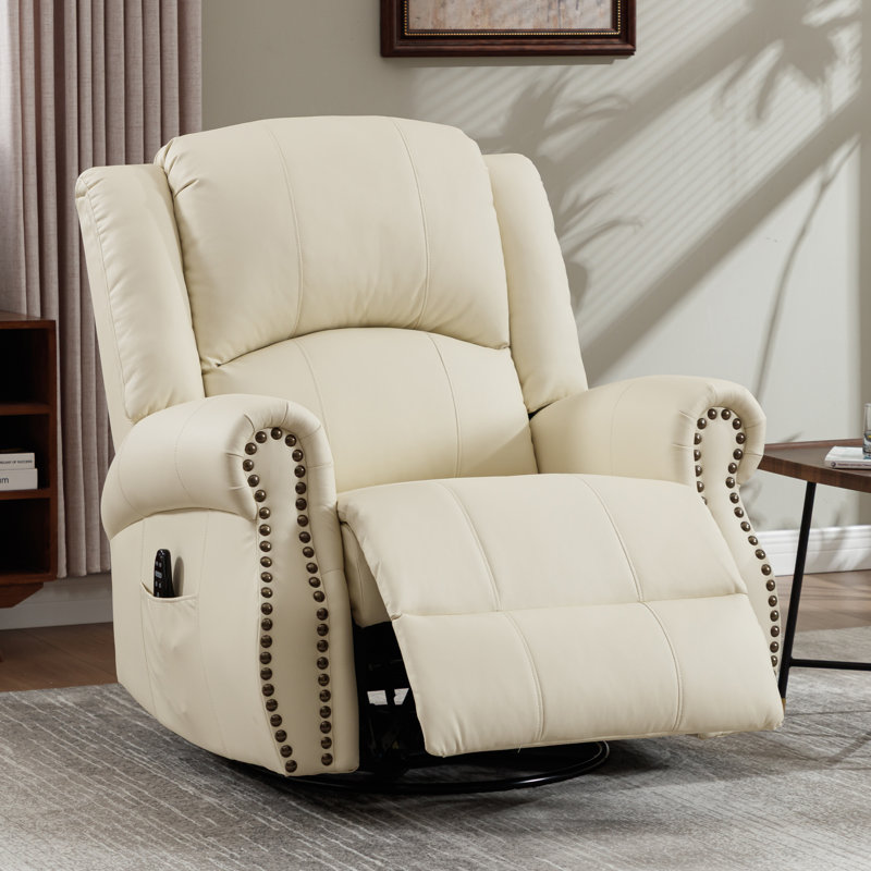 37.7" W Faux Leather Swivel Rocker Recliner With Heated Massage, Vintage Style, Beige