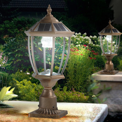 Solar Outdoor Post Light with Dusk-to-Dawn LED, Vintage Lantern Design, Weatherproof Aluminum Antique Copper