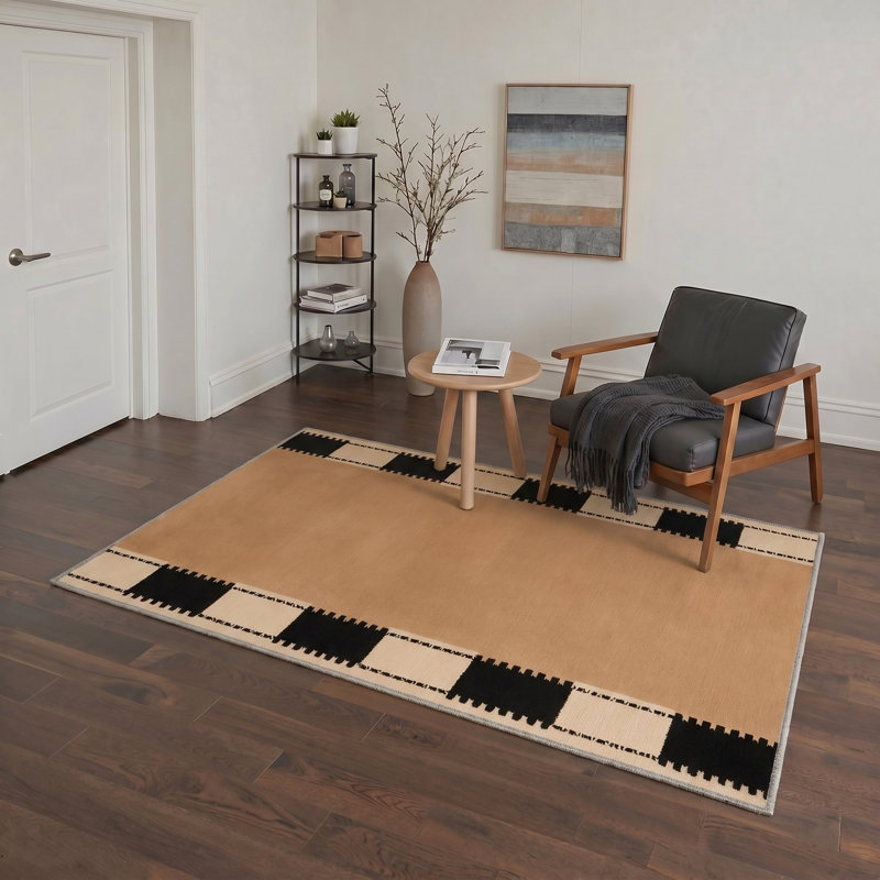 Layton Checked Border Modern Machine Washable Brown / Beige / Black Indoor Area Rug with Non-Slip Backing, Round 5'