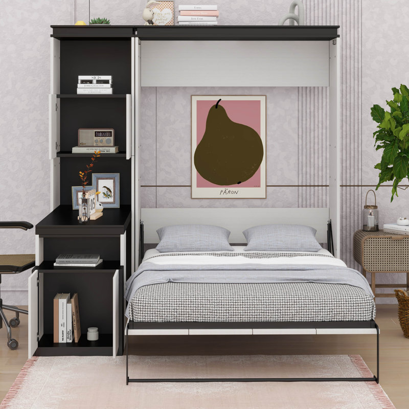 Lit escamotable double en bois avec bureau, tablettes et armoires de rangement