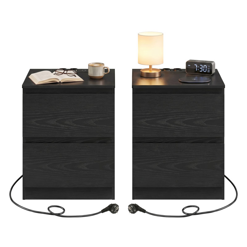 Nightstands With Charging Station, Set Of 2 Bedside Tables With Drawers, Cloud White, Set of 2