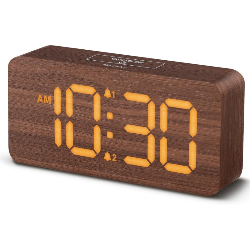 Wooden Digital Alarm Clocks For Bedrooms: Dimmable Dual Alarm Clock With Large Numbers For Bedside Desk - Brown