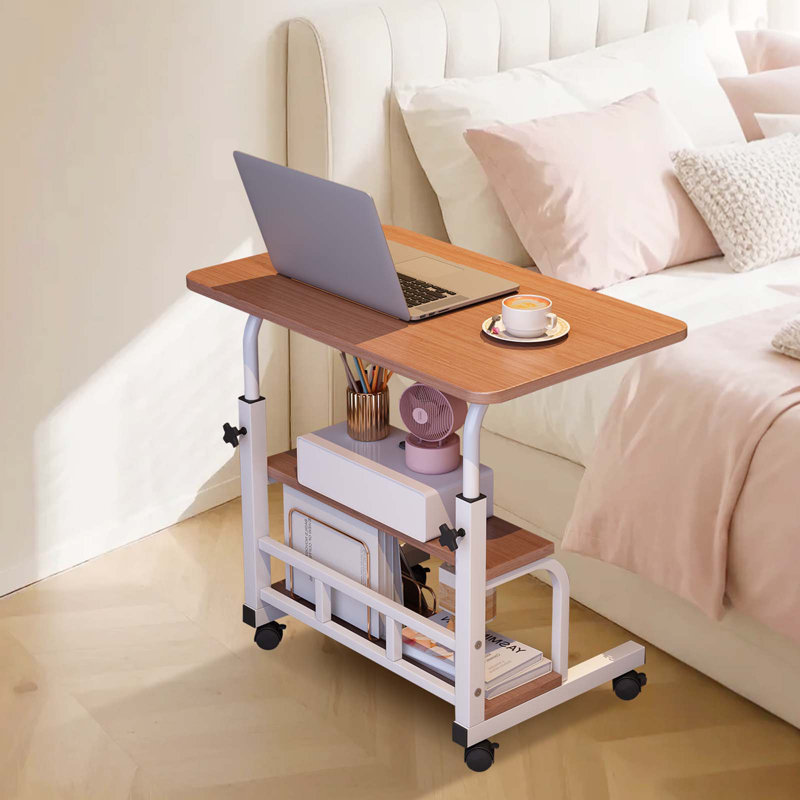 Portable Rolling Computer Table with Wheels and Storage Shelves for School & Home Office, Brown/White
