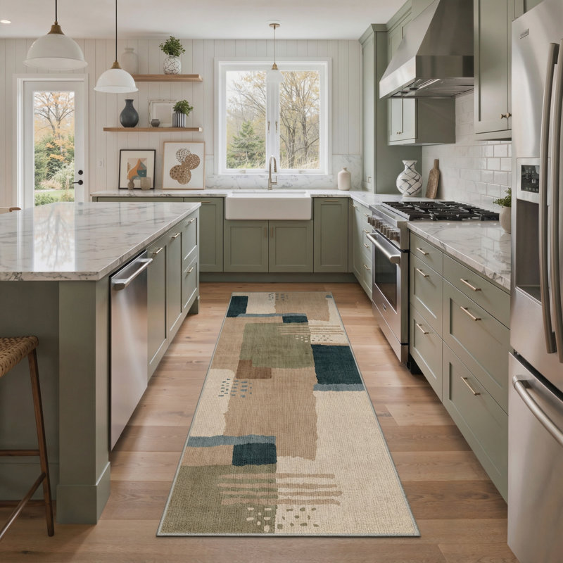 Abstract Blockhaus Vintage Machine Washable Toffee Brown / Beige Block Indoor Area Rug With Non-Slip Backing, Runner 2' x 6'