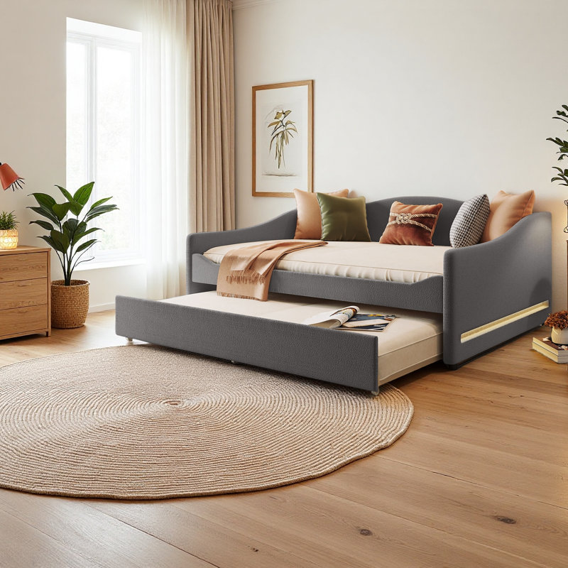 Teddy Fleece Full Size Upholstered Daybed With Light And Trundle, Gray