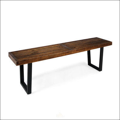 Acacia Wood Patio Dining Bench With Iron Legs Modern Contemporary Style