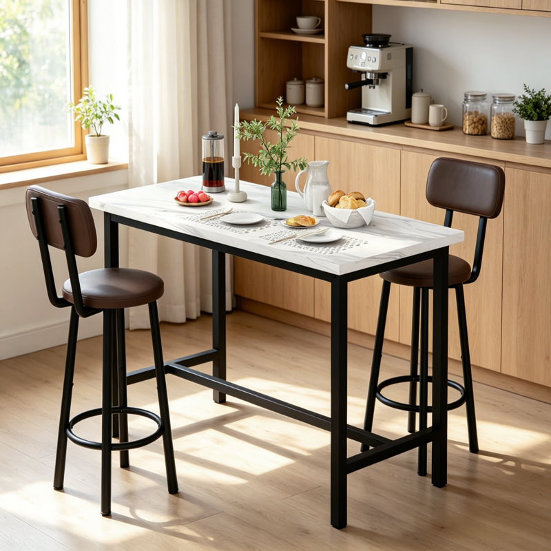 Ensemble de table de bar 3 pièces 2 pièces, table de bar rectangulaire de 47 po avec 2 tabourets de dossier rembourrés en cuir de polyuréthane, ensemble de table de salle à manger pour petite cuisine, salon, appartement