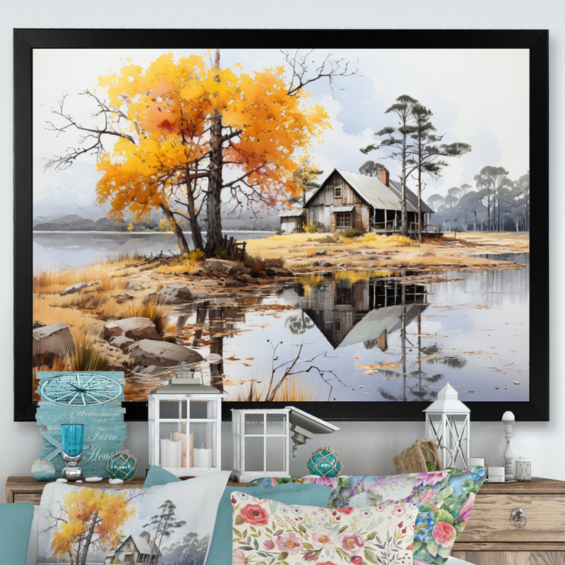 «Lakehouse Whispering Winds On», reproduction sur toile, H 16 po x l 32 po x P 1 po, Cadre simple noir