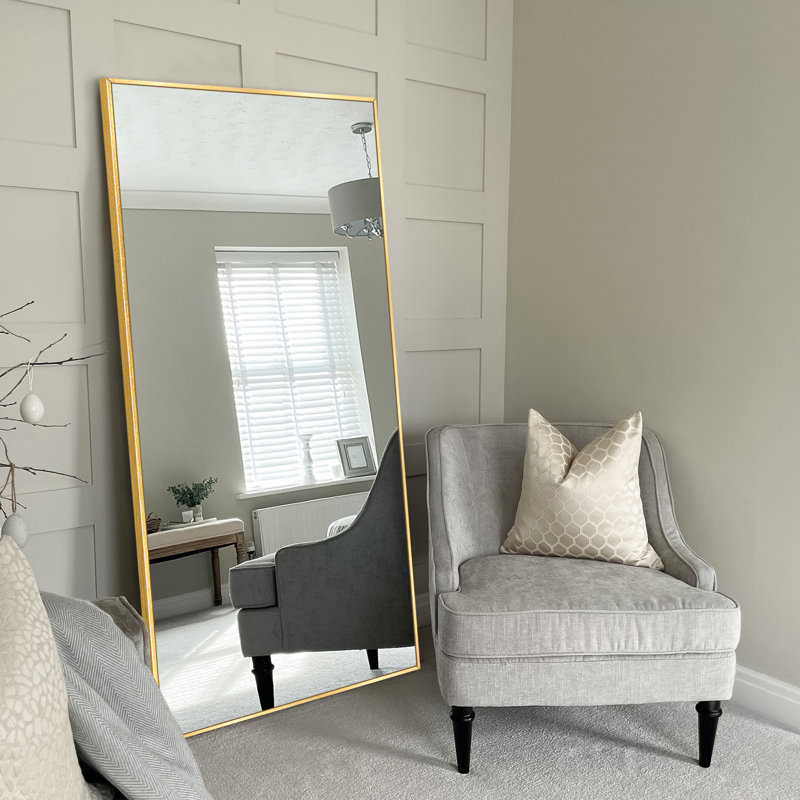 Vertell Oversize Rectangle Full Length Metal Mirror for GYM/ Bedroom with Stand, Brushed Gold, 71" x 28"