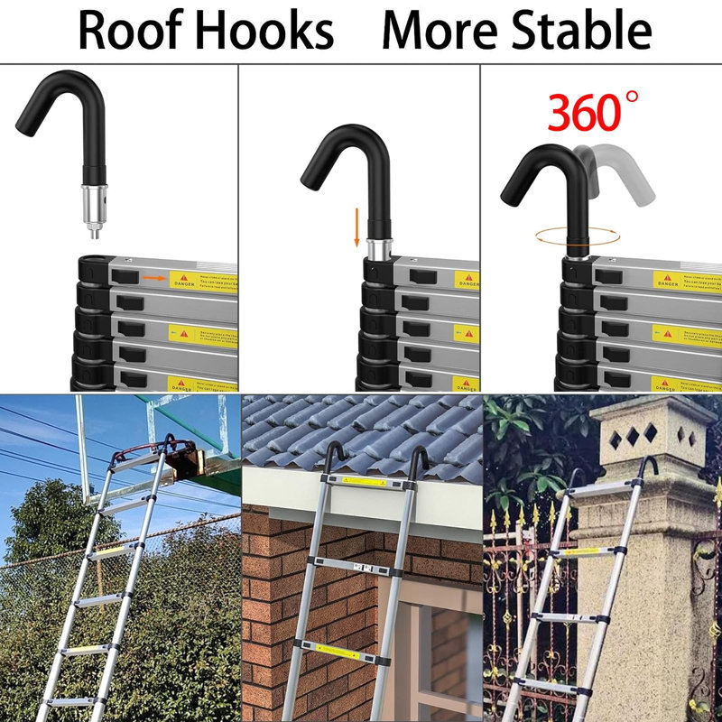 Telescopic Ladder Extendable Ladder 2.6M/8.53FT Stainless Steel Thickened High-Ladders extendable with Non-Slip Feet and Detachable Hooks
