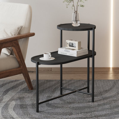 2-Tier Oval End Tables, Modern Round Coffee Table with Storage Tray, Wooden Small Side Table with Metal Frame, for Bedroom, Living Room, Black