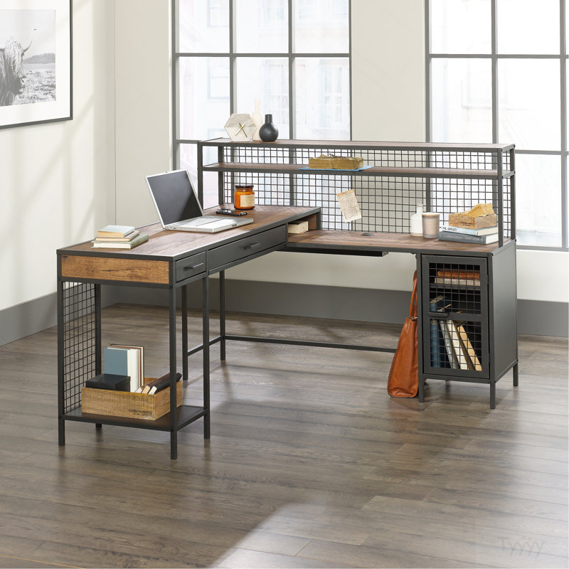 Bureau industriel en forme de L avec 2 tiroirs et tablettes, finition brune