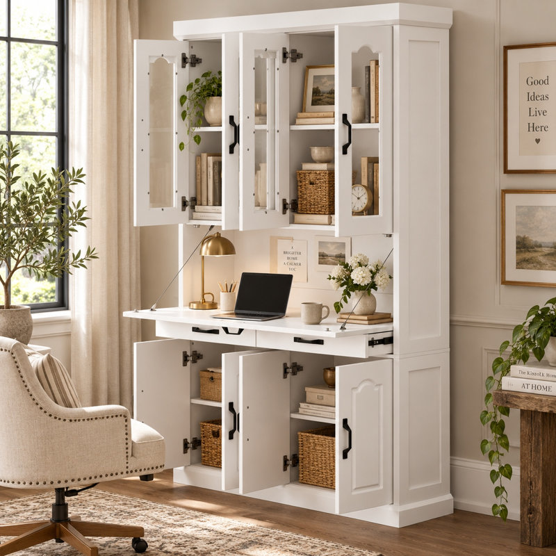 Secrétaire-bibliothèque blanche de 190 cm de haut avec bureau rabattable, portes vitrées, 2 tiroirs et trousse antibasculement