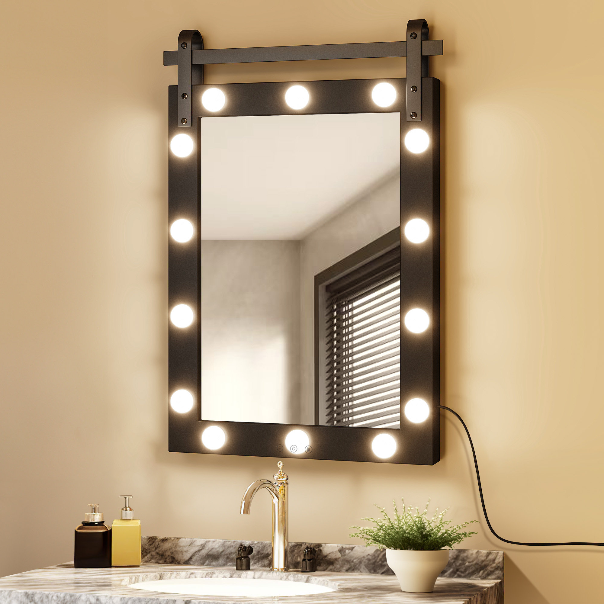 Gracie Oaks Aldora Rectangle Farmhouse Bathroom Wall Vanity Mirror with 18 LED Bulbs, Wall-Mount ...