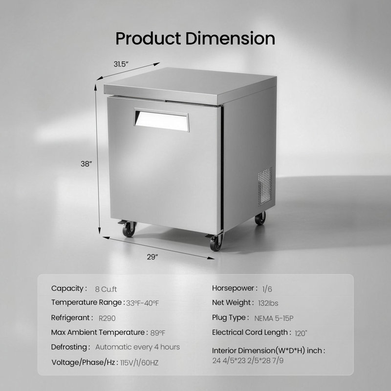 Réfrigérateur commercial sous le comptoir 29 pouces 8 pieds cubes 1 porte