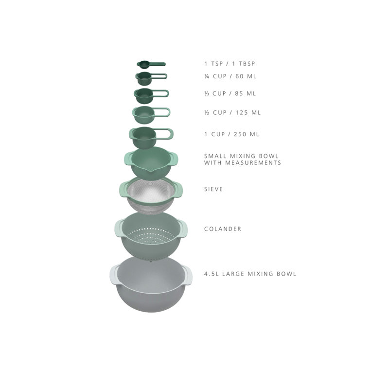Nest 9-Piece Food Preparation Set with Nesting Mixing Bowls and Measuring Cups, Sage