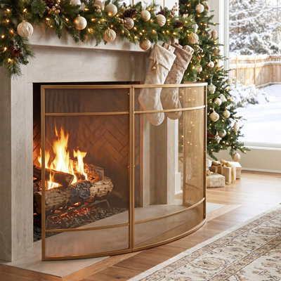 51.18 in. Curved Three-Panel Fireplace Screen, 51.18 x 10.24 x 35.04 in., Iron 1-Piece Set Fireplace Screen, Gold, Wraparound Curved Design with Adjustable Angle