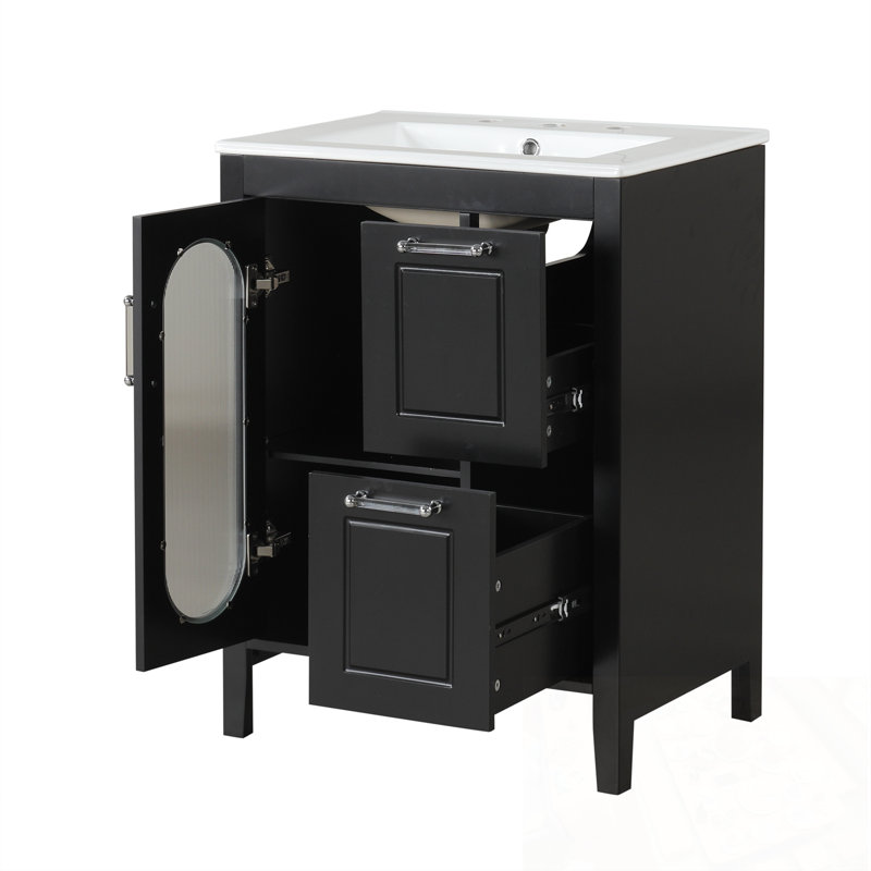 Meuble-lavabo avec lavabo, deux tiroirs et tablette réglable, Noir