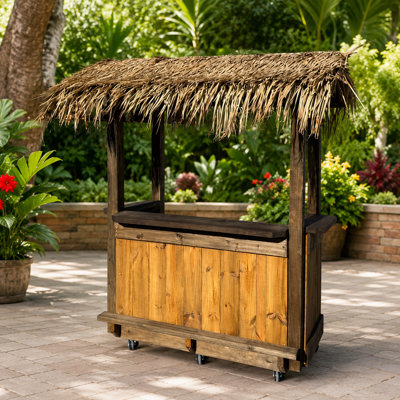 5' X 3' Outdoor Tiki Bar Cart With Thatched Roof And Wood Panel Design