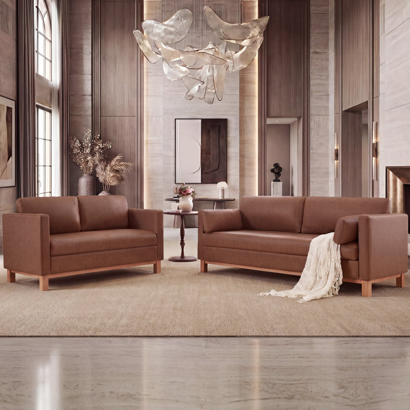 2-Piece Upholstered Faux Leather Living Room Sofa Set, Couch Set With Sofa And Loveseats, Brown