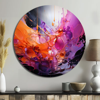 Orange Purple Abstract Fractal Collage Reflections - Abstract Round Metal Art