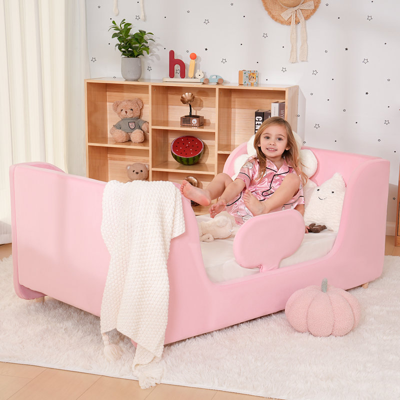 Upholstered Kid Bed With Removeable Side Safety Rail, Skin-Friendly Velvet High-Resilience Foam For Kids, Gray