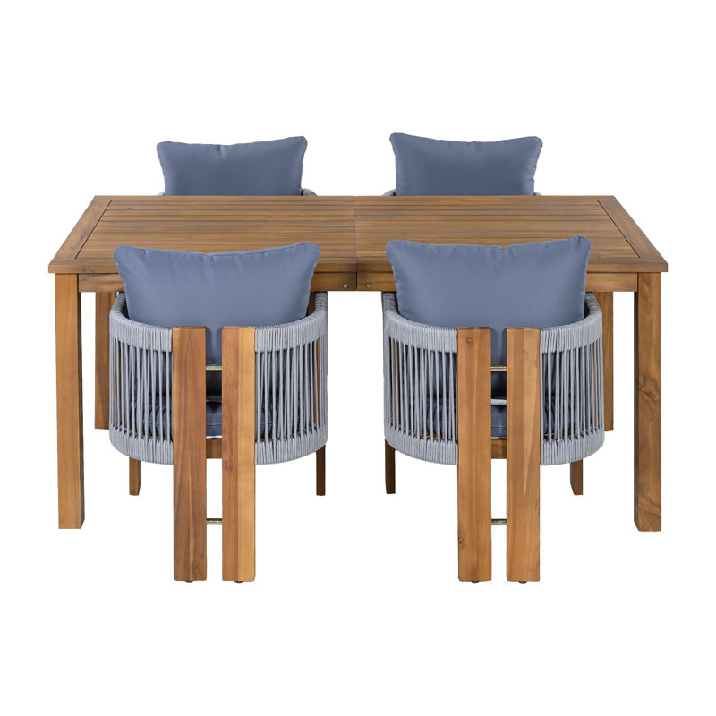 4-Piece Outdoor Dining Set, Rope Woven High Back Chairs With Weather Resistant Wood Frame & Cushions
