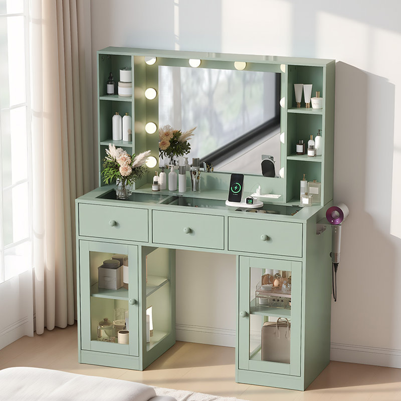 Modern Green Dressing Table with Glass Top - 3 Drawers, 2-Tier Shelves, Glass Doors & Hair Dryer Holder, Green