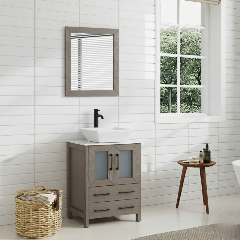 Ensemble de meuble-lavabo autoportant simple 24 po avec plateau en marbre et miroir assortis Ravenna, Gris foncé