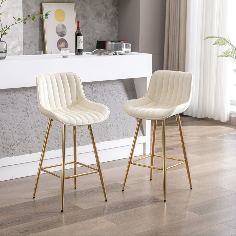 26 po de 2 meubles de bar, tabouret de comptoir en velours crème avec pieds dorés, tabourets, pouces, pieds et repose-pieds, couleur beige