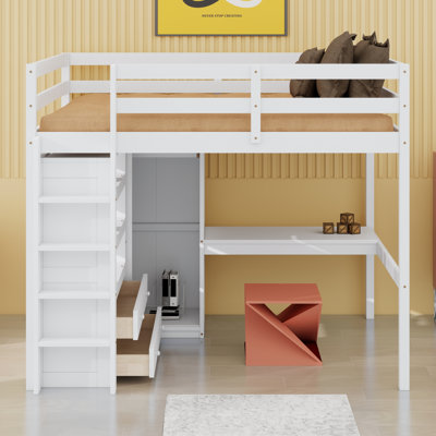 Wood Loft Bed With Built-In Wardrobe, Desk, Storage Shelves And Drawers