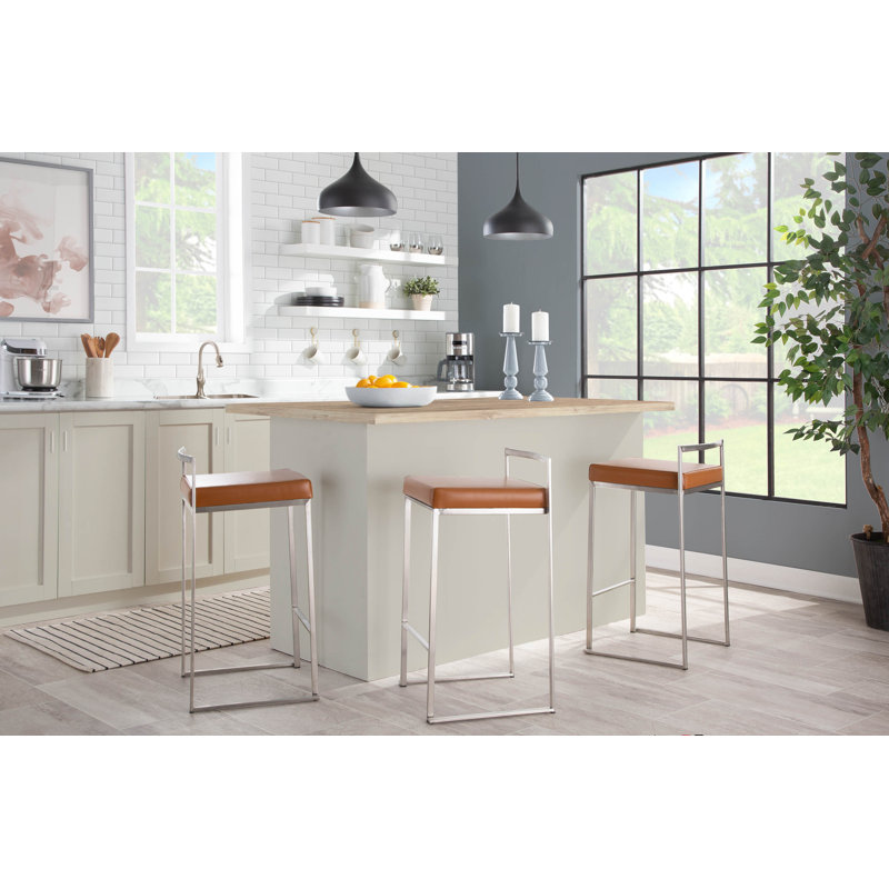 Ernestine Stackable Faux Leather Stool, Counter Stool (27" Seat Height), Camel/Stainless Steel