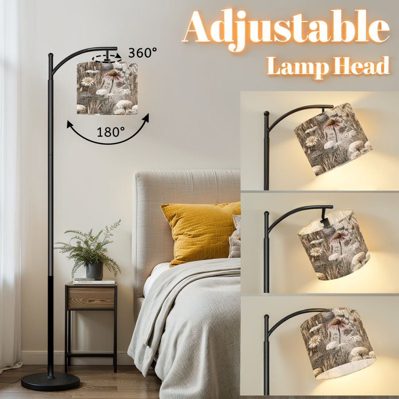 Arc Floor Lamp Vintage Botanical Standing Lamp with Adjustable Lampshade Remote LED  3 Color Temperatures Dimmable Tall Pole Lamp with Foot Switch for Bedroom