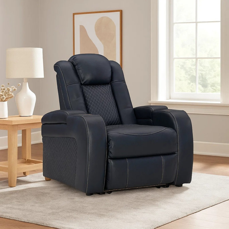 Fauteuil inclinable électrique Fynne, port USB, similicuir, Bleu saphir