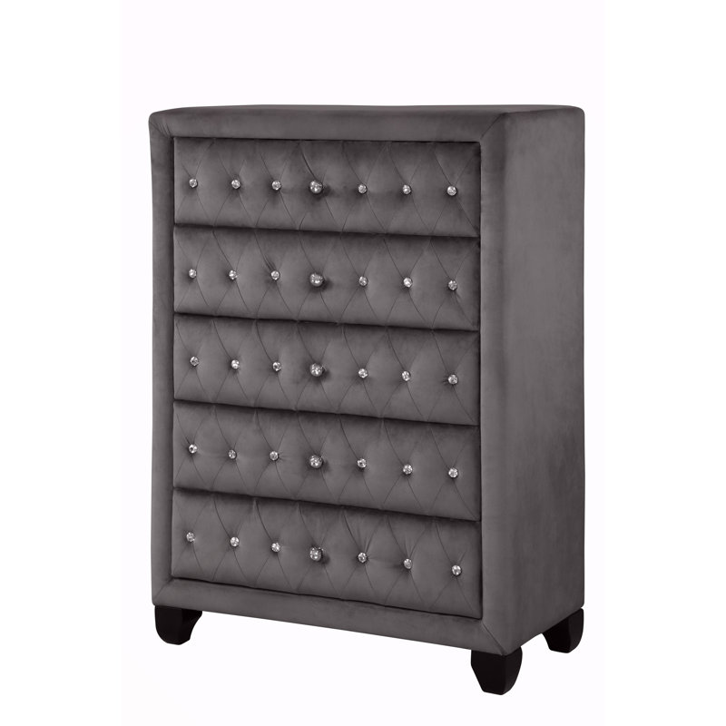 Commode Sophia de style moderne, capitonnée de cristaux, à 5 tiroirs, revêtue de velours gris et fabriquée en bois.