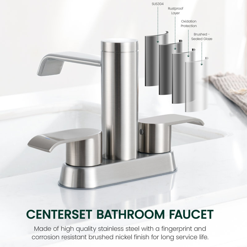 4 in. Centerset Double Handles Waterfall Spout Bathroom Sink Faucet with Pop-up Drain, Brushed Nickel