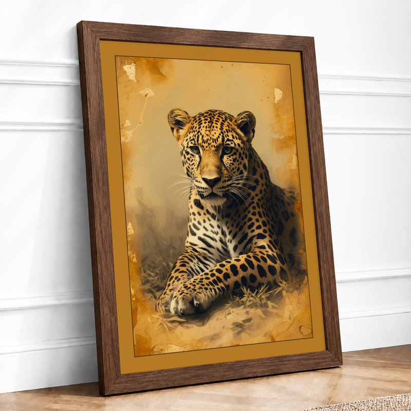 Golden Leopard Rustic - Framed Print, A2 - 59.4 x 42.0 cm, Walnut