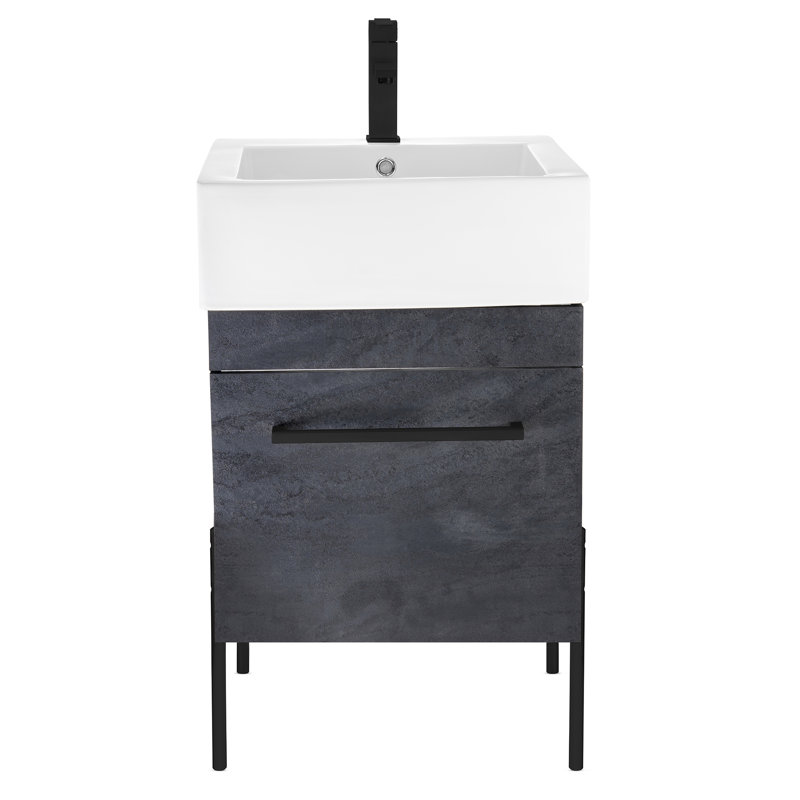 Taft Avenue 20'' Single Bathroom Vanity with Solid Surface Top, Black Marble, Black Matte